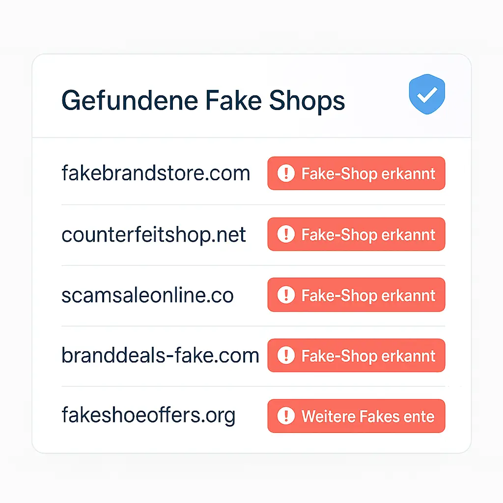 UI-Dashbaord von Context Verify mit der Überschrift "Gefundene Fake Shops" und Auflistung in Tabelle darunter