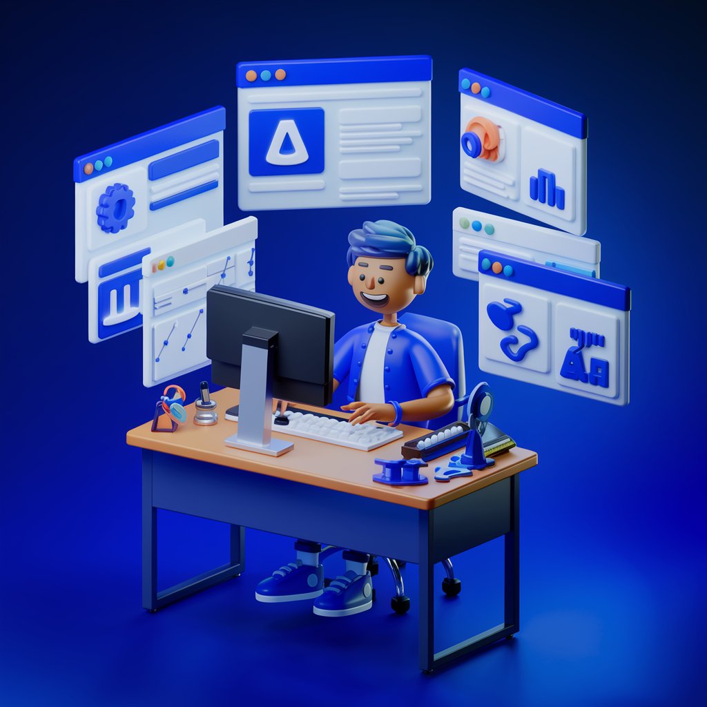 3D-Grafik in dunkel blau, Person sitzt in Cartoon-Stil am Schreibtisch und schaut auf Bildschrim. Hintergrund dunkel Blau und mit offenen Browser-Fesntern voll.