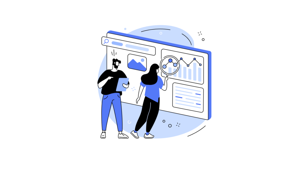 Zwei Personen stehen vor Analyse-Board und analysieren Grafen. Weiß / blaue Gestaltung und minimalistisches Design
