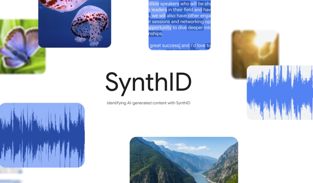 Screenshot der Website Google SynthID, Bild, text, Video und Audioelemente und Rechtecken zu sehen.