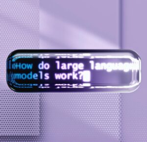 grafische Visualisieurng eines Sprachmodells mit einem Text in einer blase. Lila Farbe.
