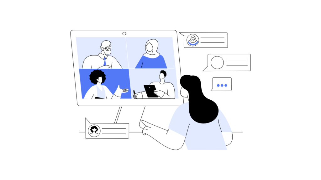 Online-Meeting von 5 Personen auf einem Bildschirm. 4 Personen im Bildschrim diskutieren. Piktogramme an den Seiten