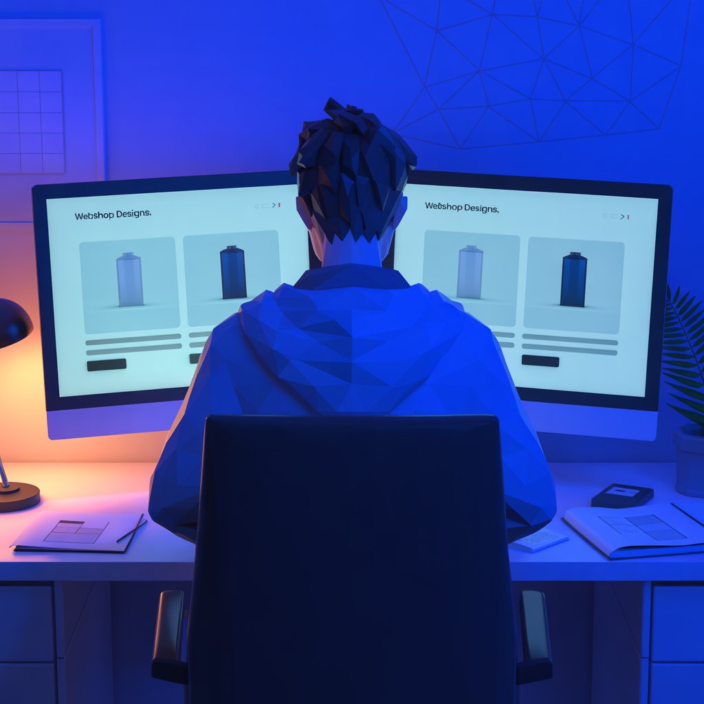 Mann sitzt vor zwei Bildschrimen mit identischen Online-Shops. Dunkleres, blaues Setting.