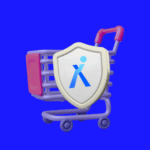 Ein Einkaufswagen mit einem Schutzschild, das ein stilisiertes "Context Verify" Logo auf blauem Hintergrund zeigt, symbolisiert Sicherheit im E-Commerce.