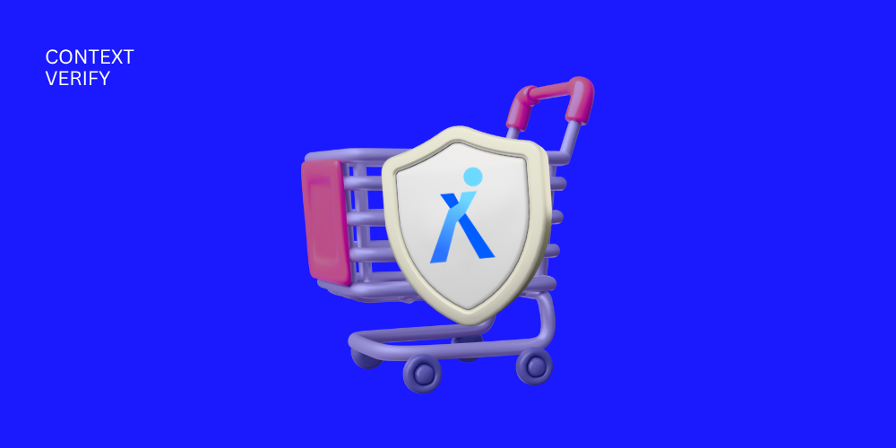 Ein Einkaufswagen mit einem Schutzschild, das ein stilisiertes "Context Verify" Logo auf blauem Hintergrund zeigt, symbolisiert Sicherheit im E-Commerce.