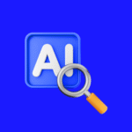 KI-Analysekonzept: Ein blaues Quadrat mit den weißen Buchstaben "AI" (Künstliche Intelligenz) davor, überlappt von einer Lupe.