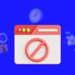 Eine Cartoon-Hand mit Lupe, ein gestoppter Webbrowser mit einem Stoppschild, ein Megafon und eine Stoppuhr auf blauem Hintergrund