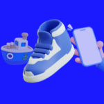 Illustration mit einem blauen Sneaker, einem Spielzeug-Schiff und einer Hand, die ein Smartphone hält – auf blauem Hintergrund. Links steht "Context Verify"