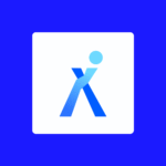 Ein blaues, stilisiertes "X"-Symbol mit einem Punkt darüber auf einem weißen, abgerundeten Quadrat auf blauem Hintergrund.