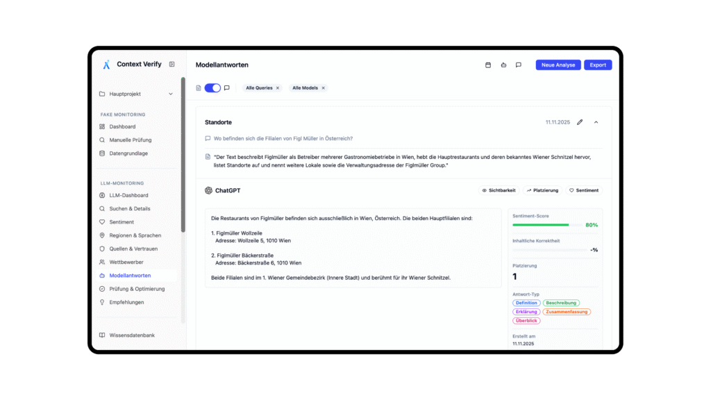 Plattform-Page "Modellantworten" des Context Verify LLM-Monitoring