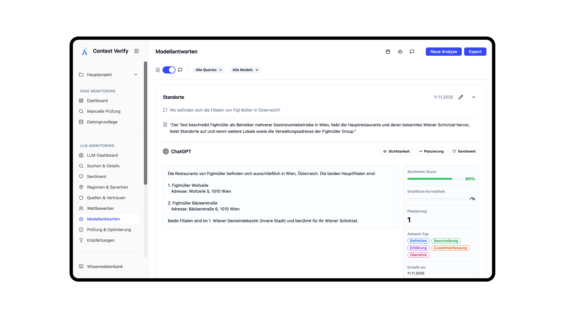 Plattform-Page "Modellantworten" des Context Verify LLM-Monitoring